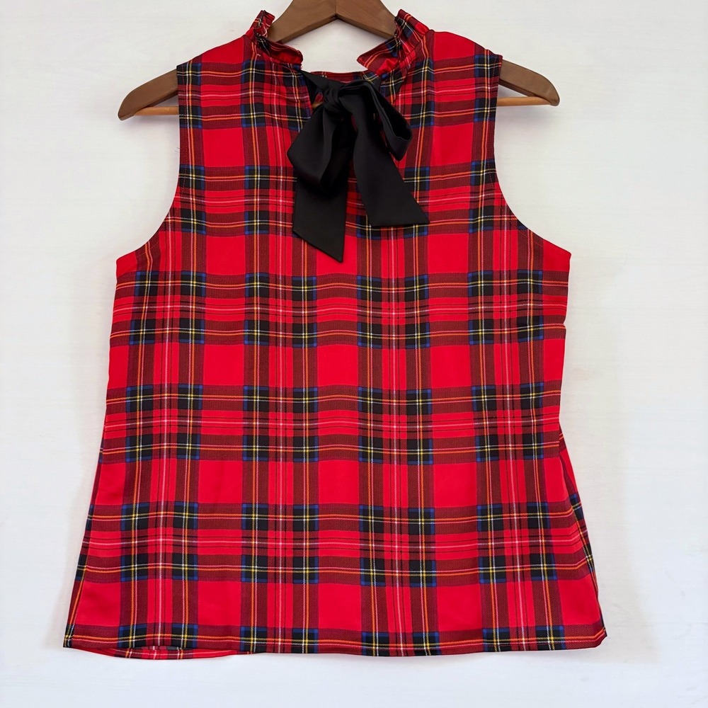 J.Crew Red Tartan Plaid Ruffle Neck Sleeveless Blouse with Black Tie XS Holiday